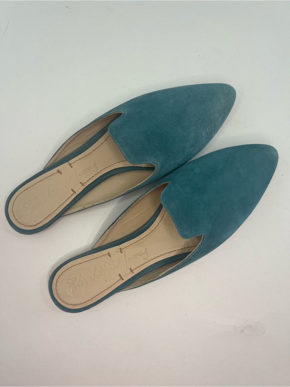 Elizabeth and James Teal Suede Leather Marti Flats Mules Size 8.5